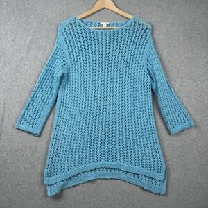 J Jill Sweater Womens Small Blue Open Knit Boatneck Tunic 3/4 Sleeve Beachy